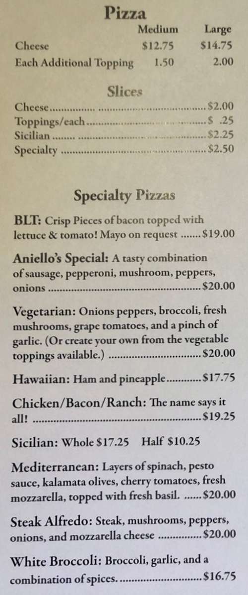 Page 1 of menu, Aniello's Pizzeria Corning, NY