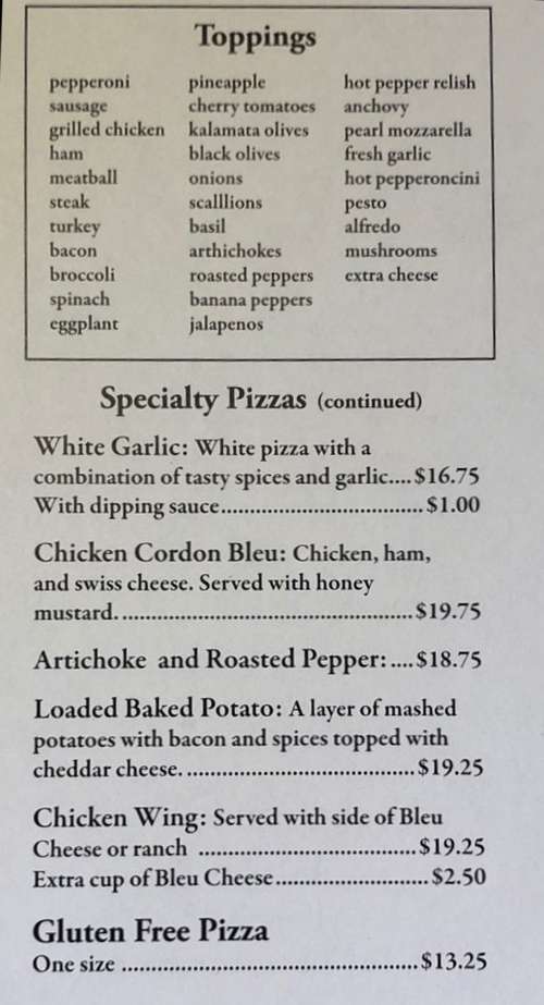 Page 2 of menu, Aniello's Pizzeria Corning, NY
