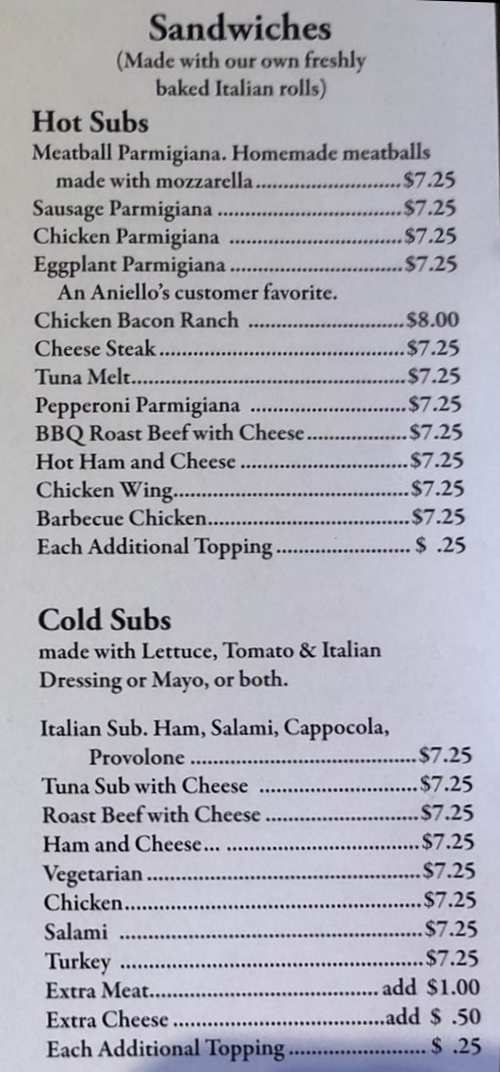 Page 3 of menu, Aniello's Pizzeria Corning, NY