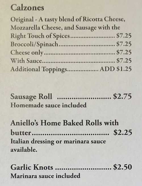Page 4 of menu, Aniello's Pizzeria Corning, NY