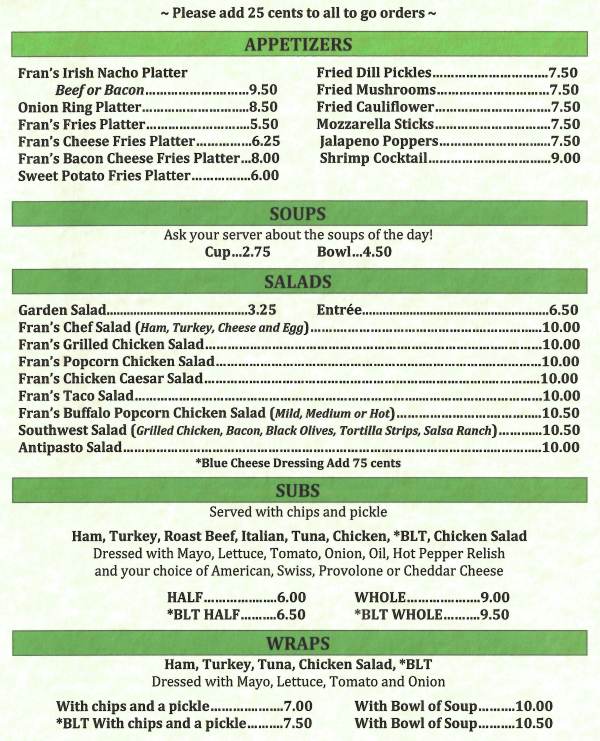 Page 1 of menu, Fran's Landing in Painted Post, NY