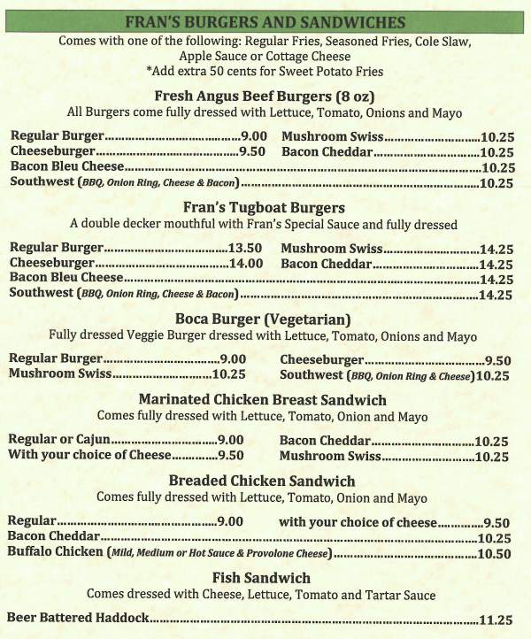 Page 2 of menu, Fran's Landing in Painted Post, NY