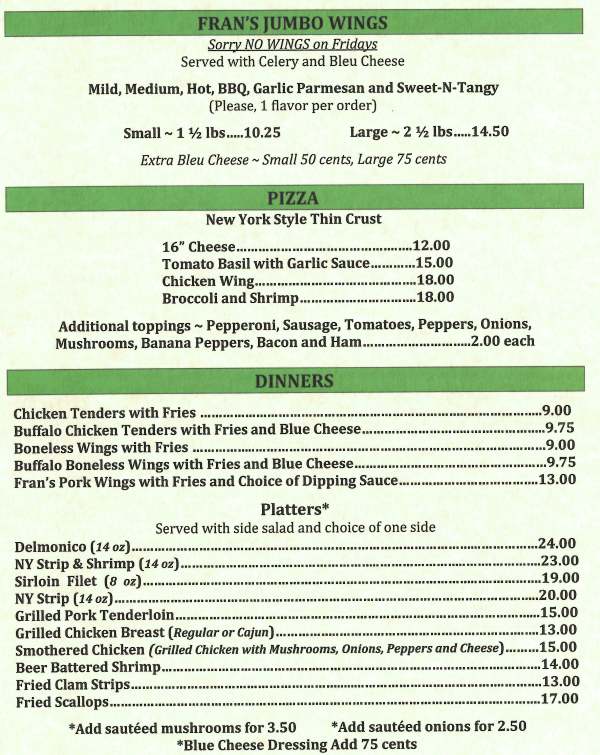 Page 3 of menu, Fran's Landing in Painted Post, NY