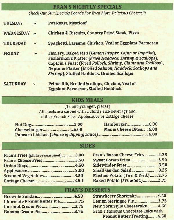 Page 4 of menu, Fran's Landing in Painted Post, NY